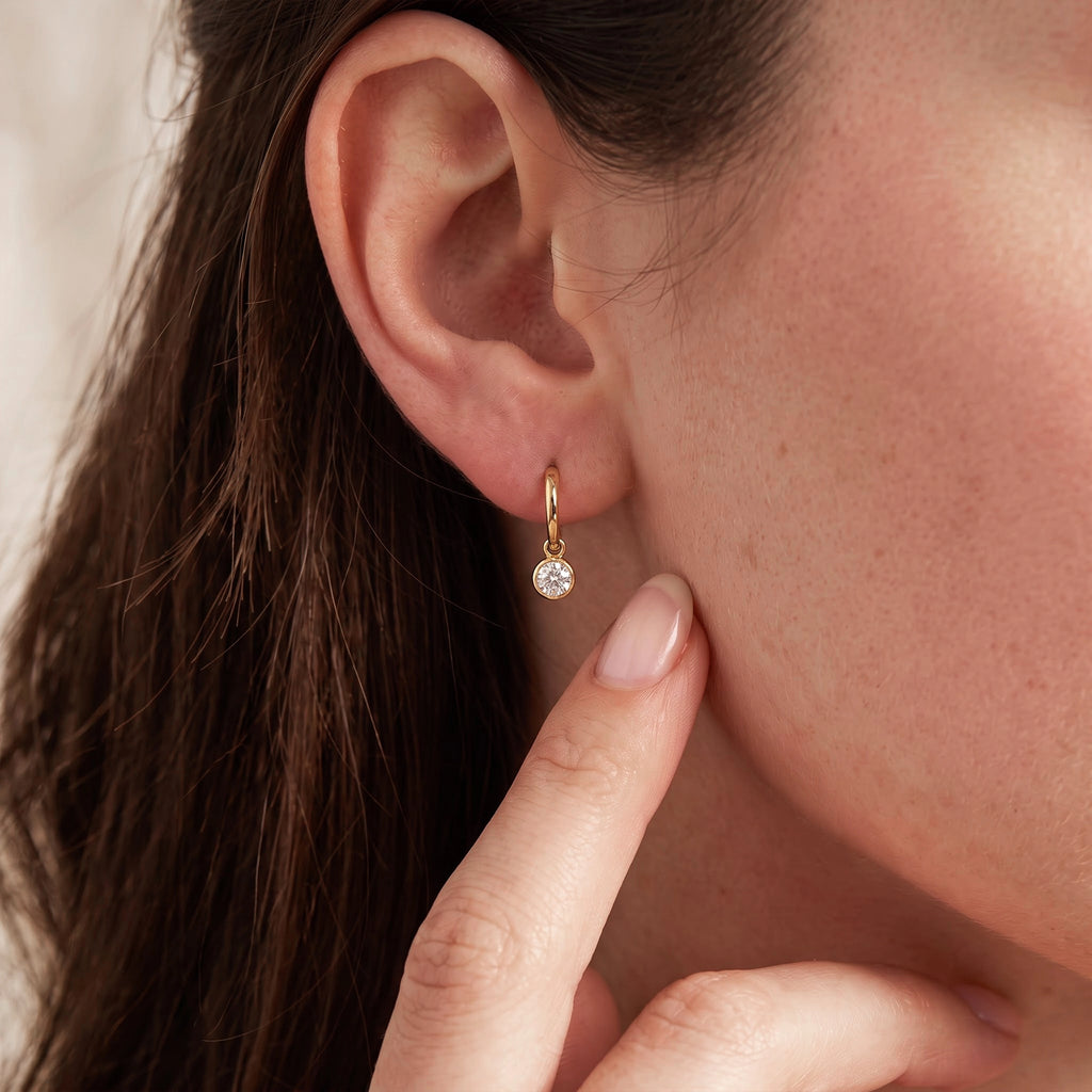 Gold Solitaire Drop Hoop Earrings
