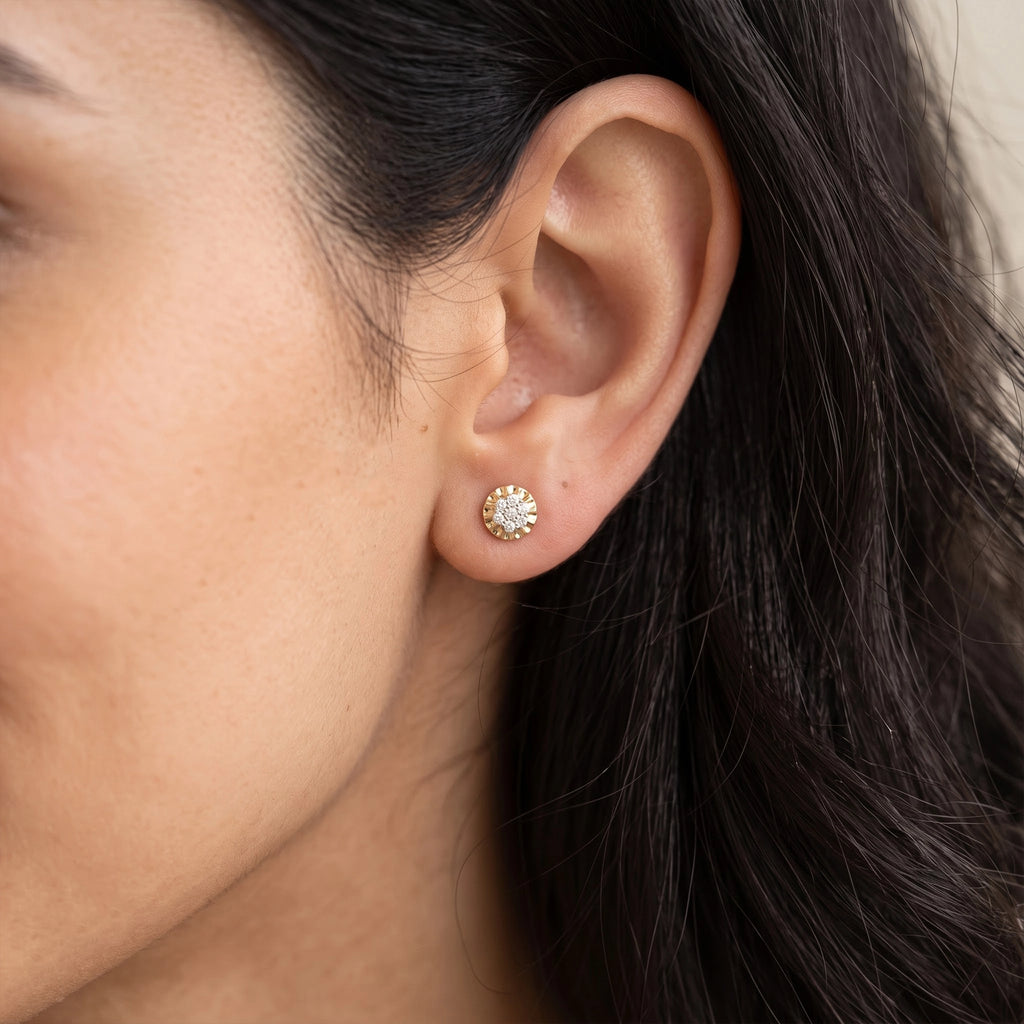 Gold Fluted Cluster Halo Stud Earrings