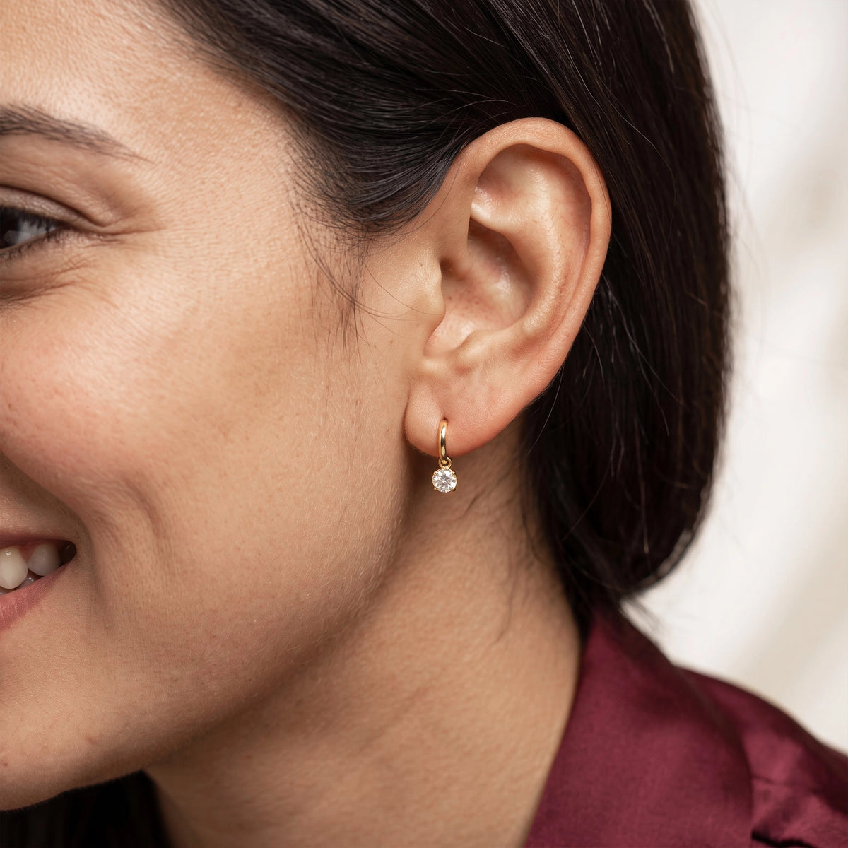 Gold Solitaire Drop Hoop Earrings