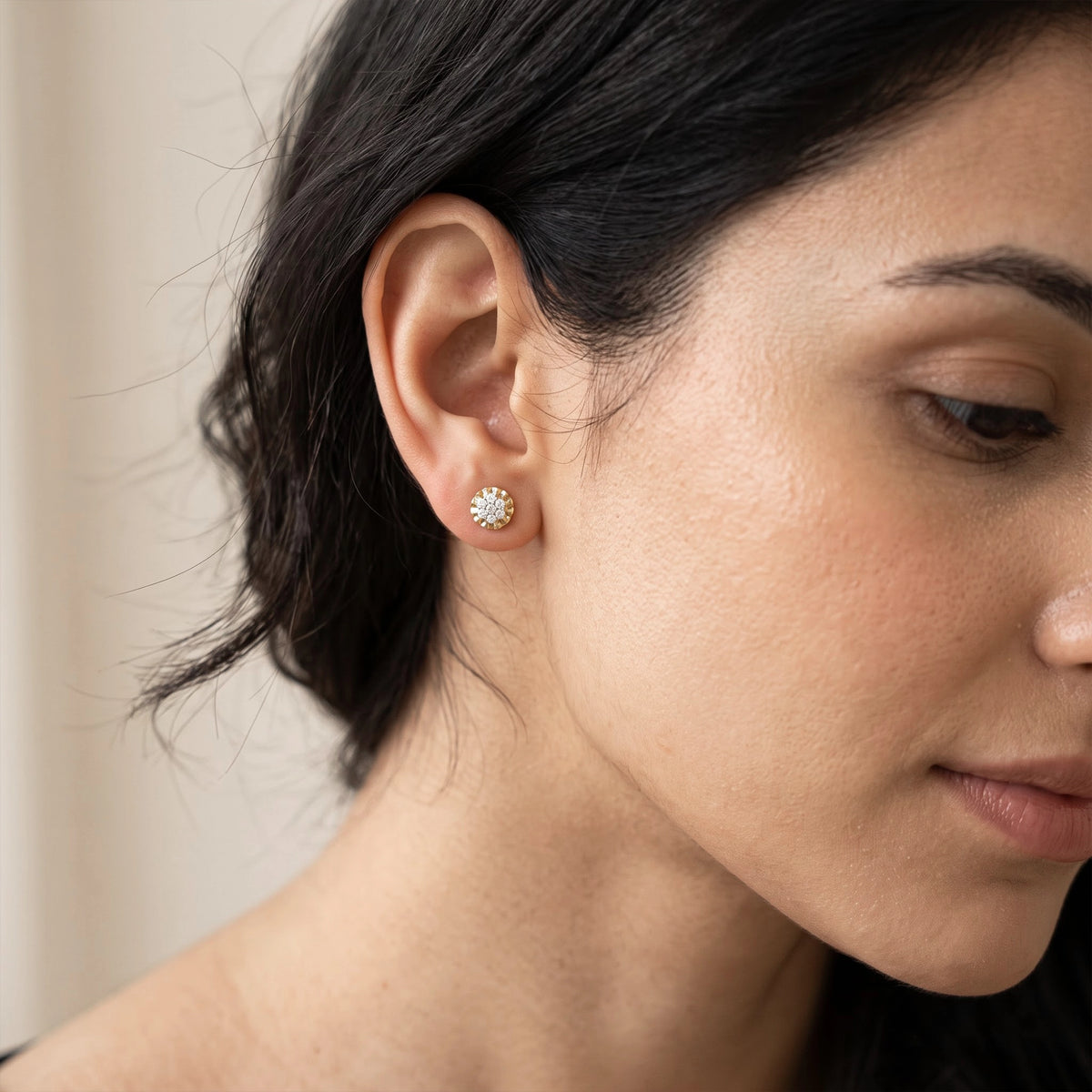 Gold Fluted Cluster Halo Stud Earrings