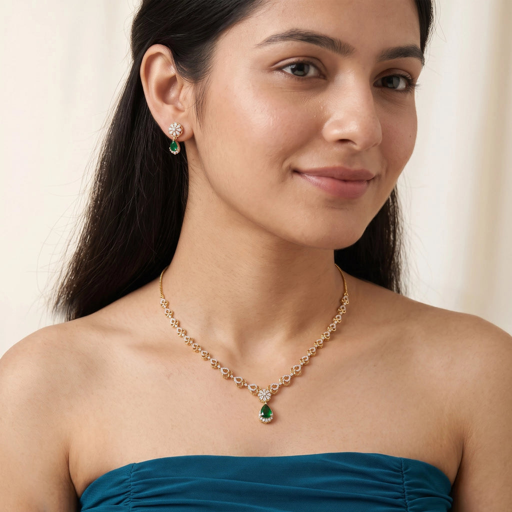 Gold Emerald Teardrop Necklace Set
