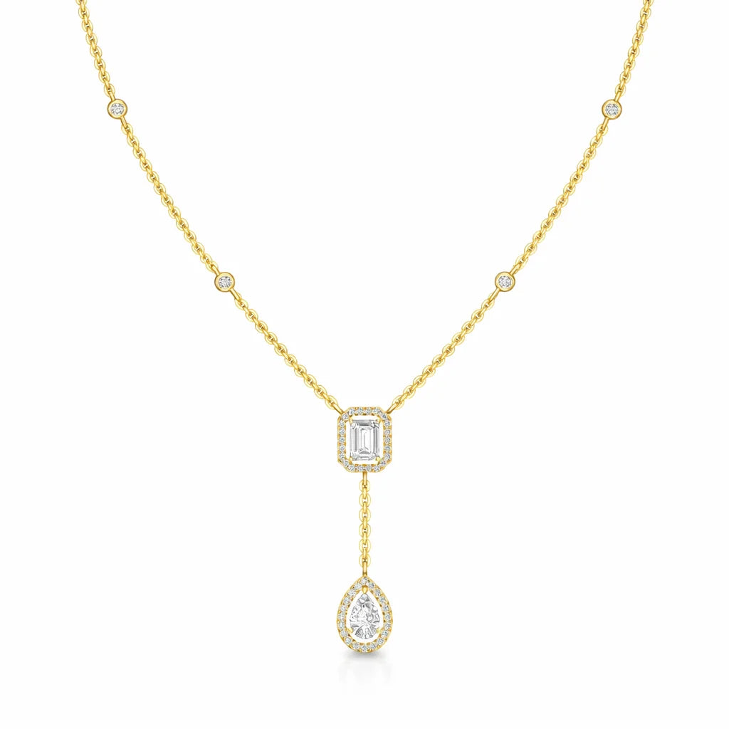 Emerald Drop Halo Y-Necklace in 18KT Gold Plated