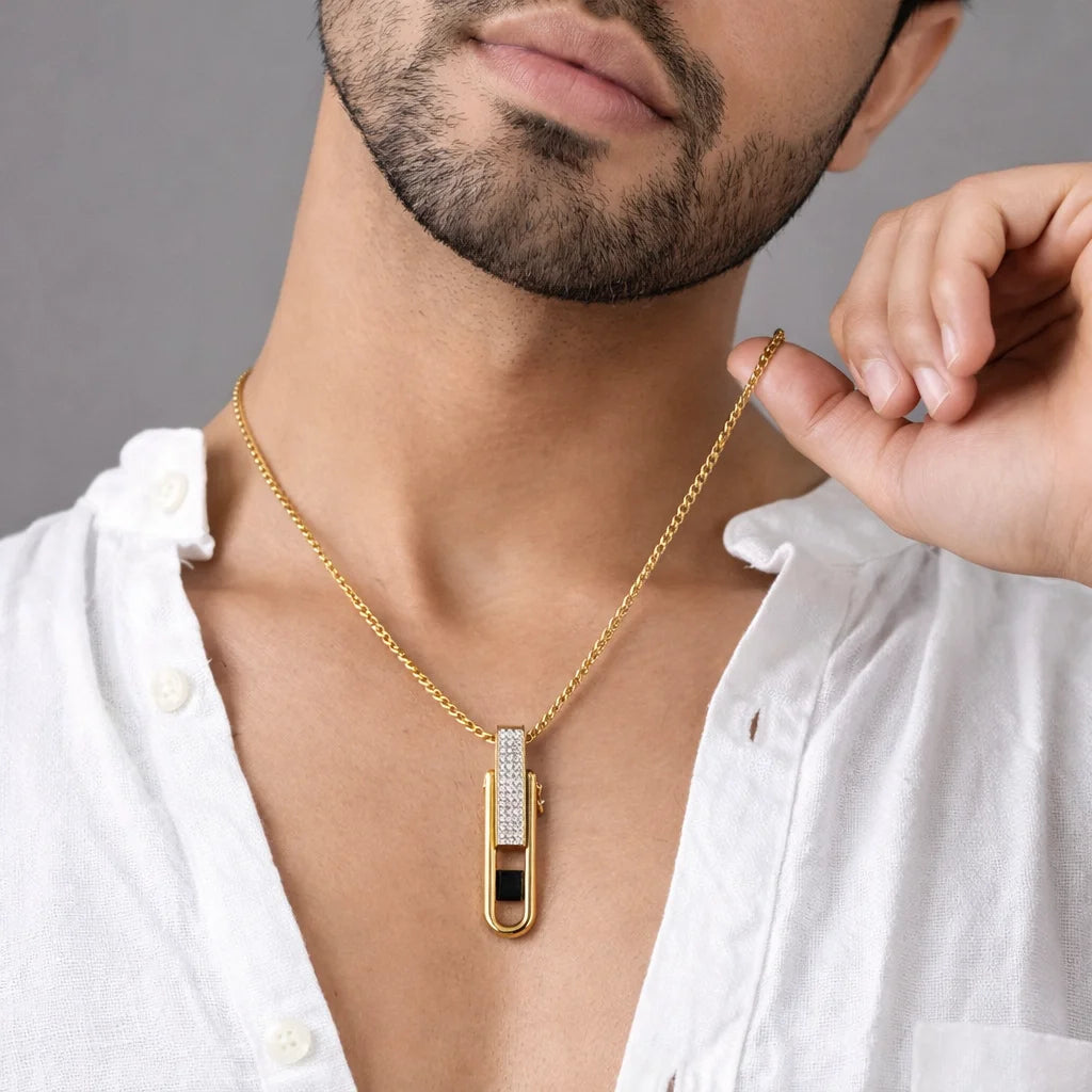 Dual Edge Black Stone 18KT Gold Plated Pendant