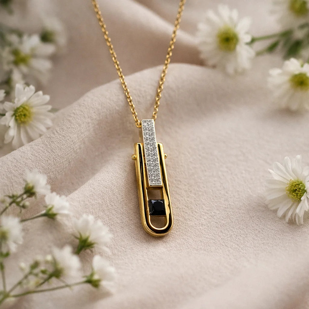 Dual Edge Black Stone 18KT Gold Plated Pendant