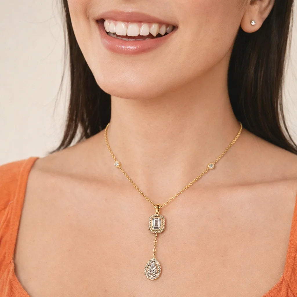 Emerald Drop Halo Y-Necklace in 18KT Gold Plated