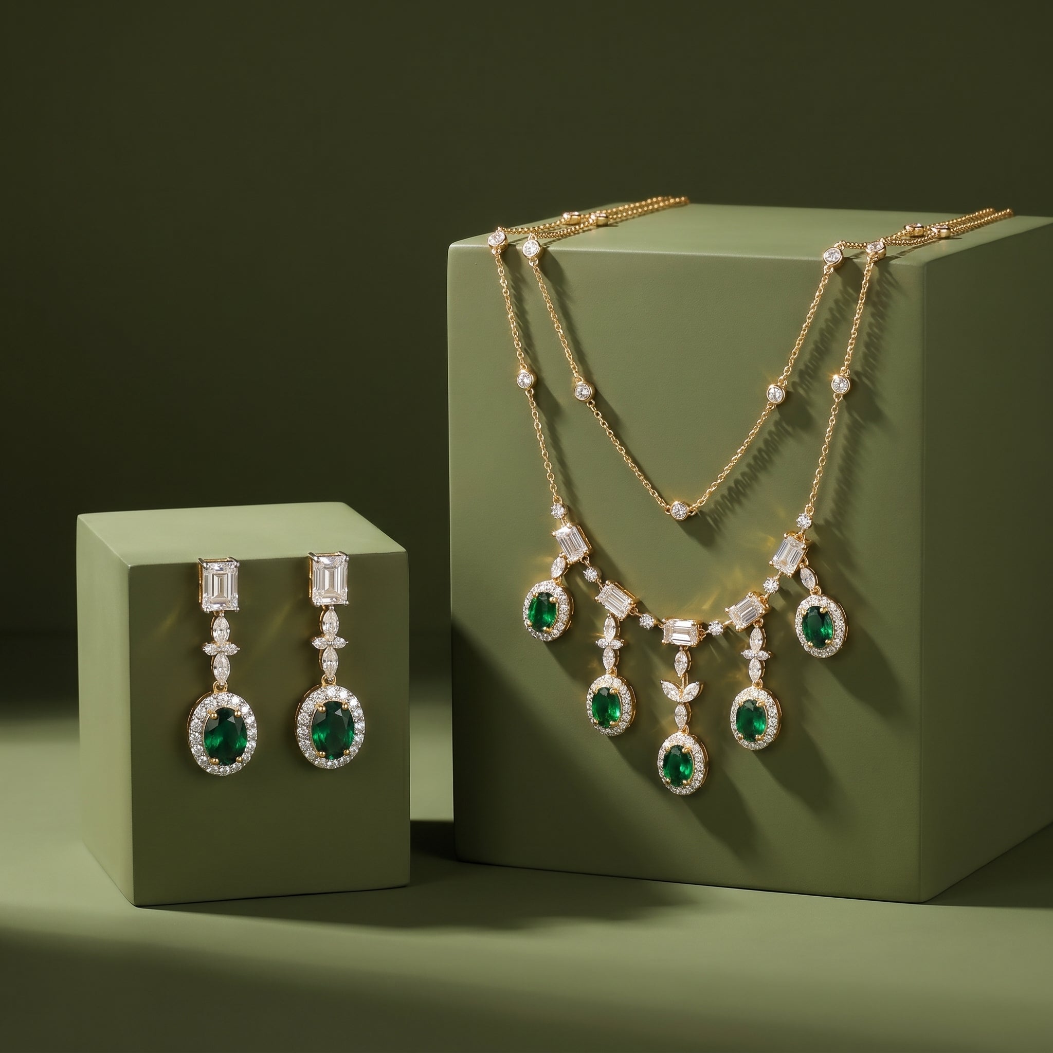 Gold Emerald Halo Necklace Set