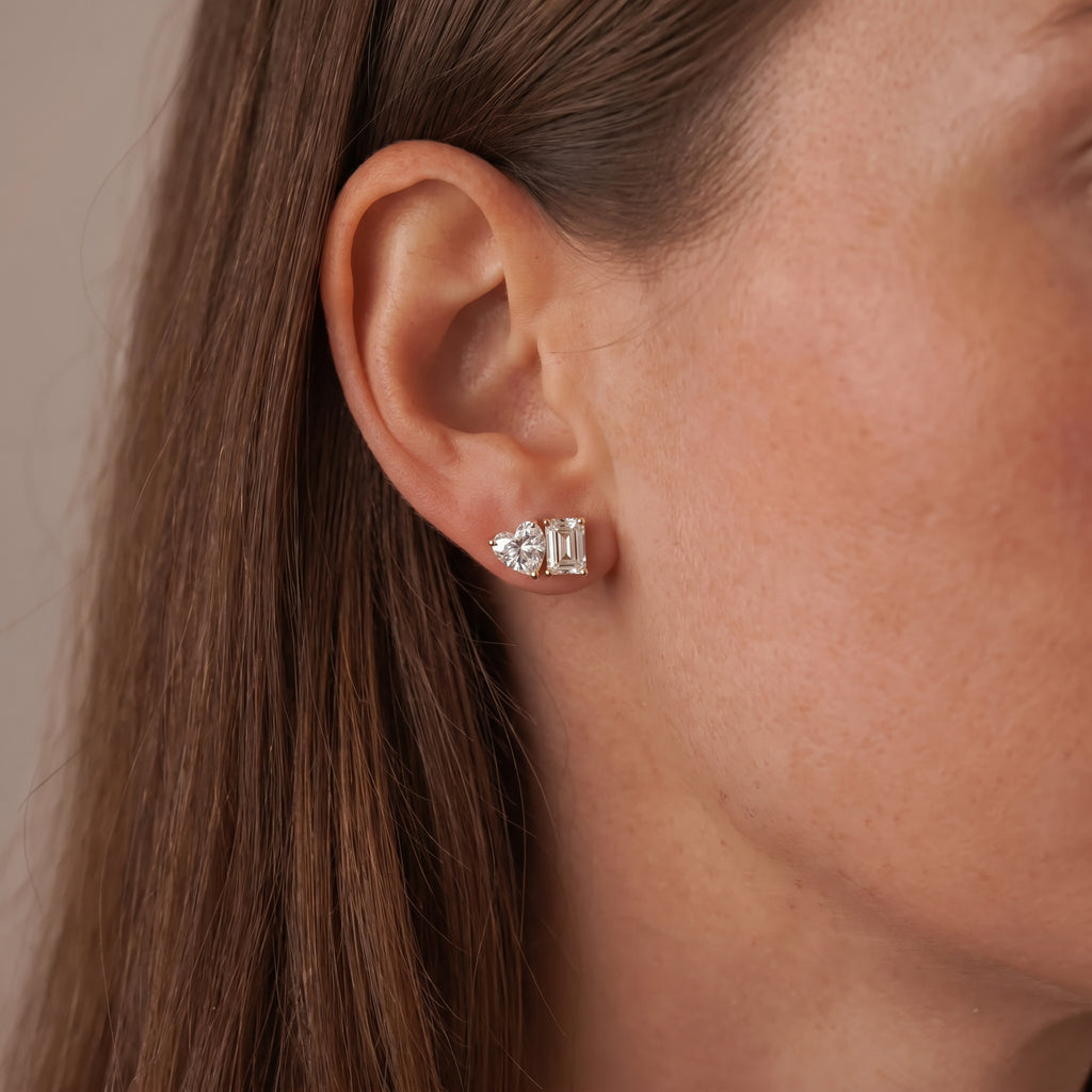 18KT Gold Duo-Cut Heart & Emerald Studs