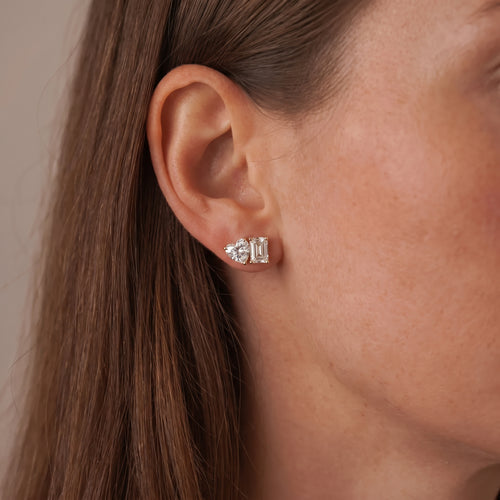 18KT Gold Duo-Cut Heart & Emerald Studs