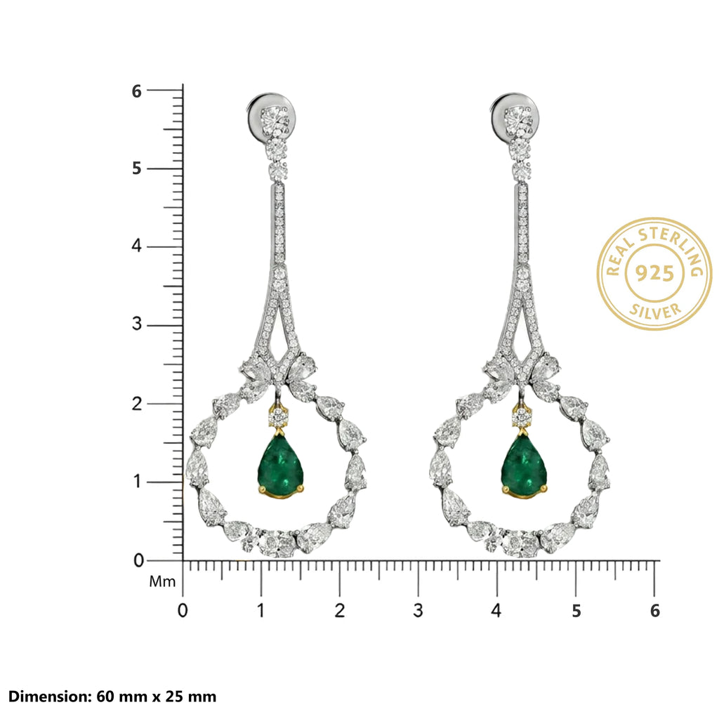 Silver Emerald Halo Drop Earrings