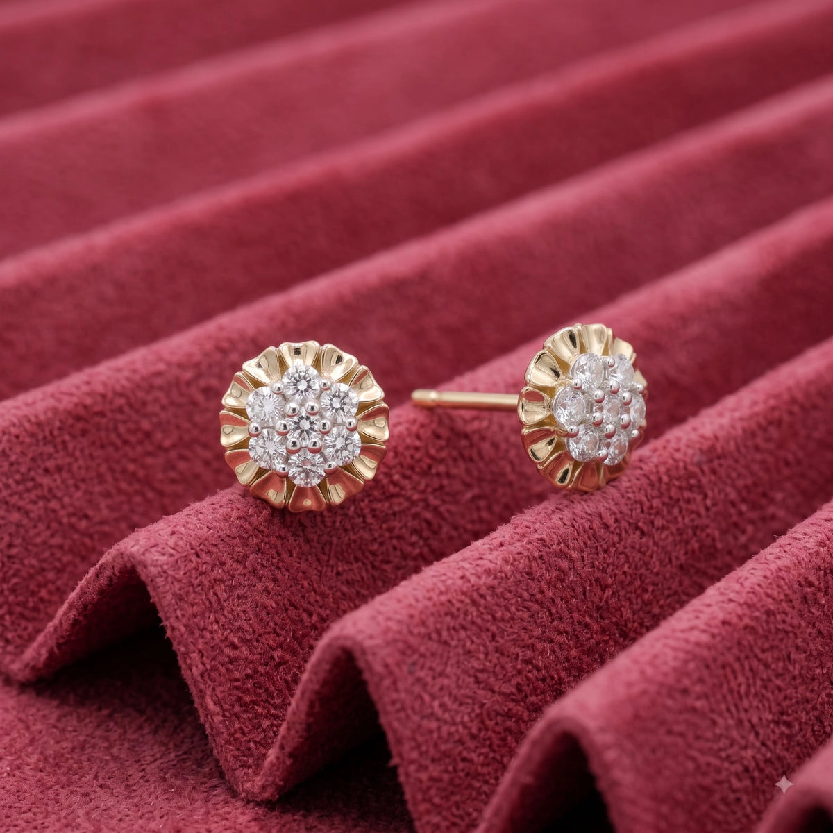 Gold Fluted Cluster Halo Stud Earrings