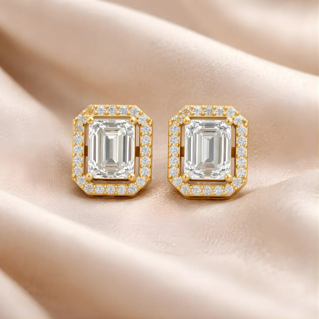 Regal Emerald Halo Stud Earrings 18KT Gold Plated