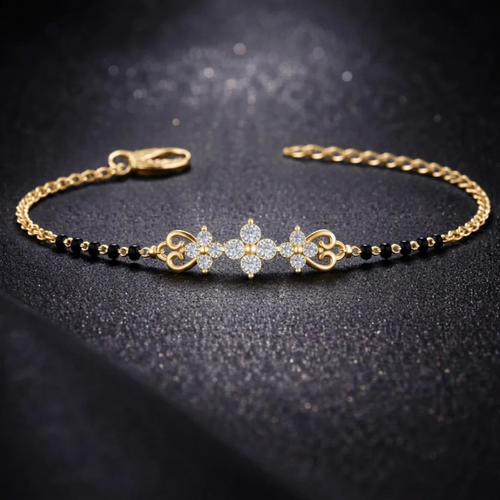 Gold Black Bead Floral Bracelet