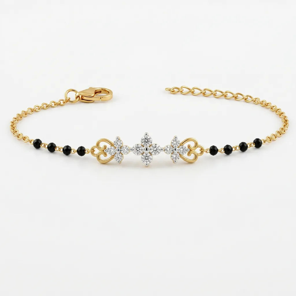 Gold Black Bead Floral Bracelet