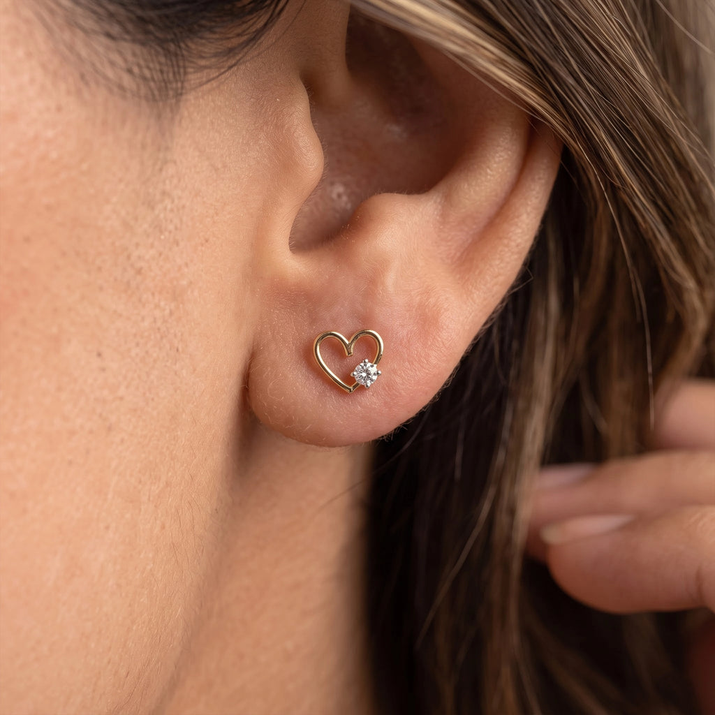 Gold Heart Solitaire Stud Earrings