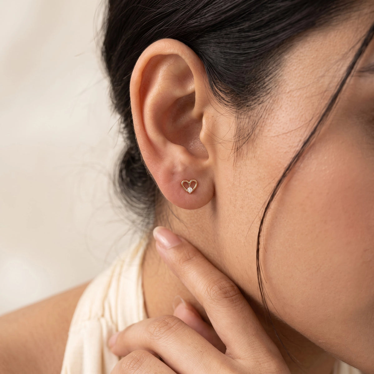 Gold Heart Solitaire Stud Earrings