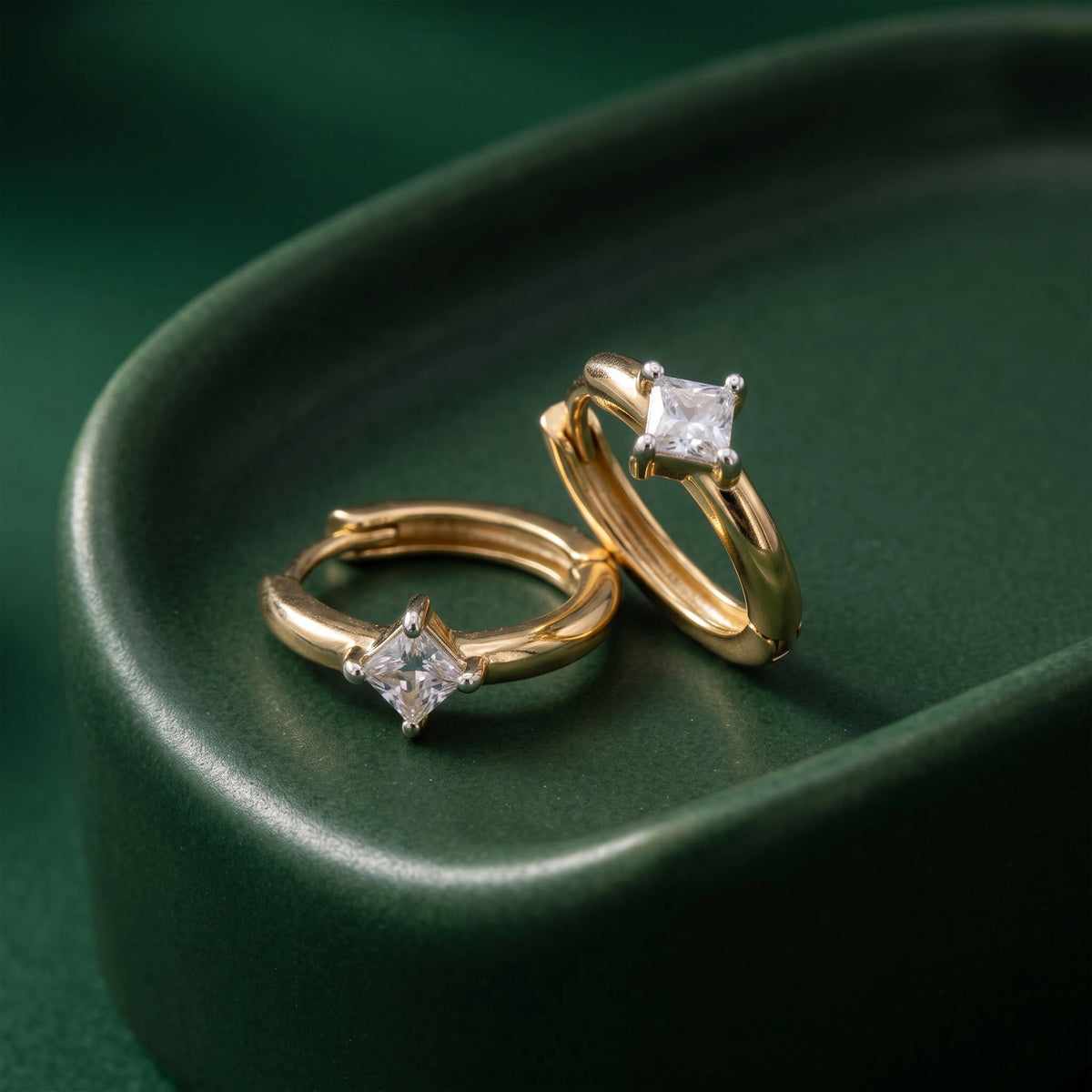 Gold Square Solitaire Hoop Earrings