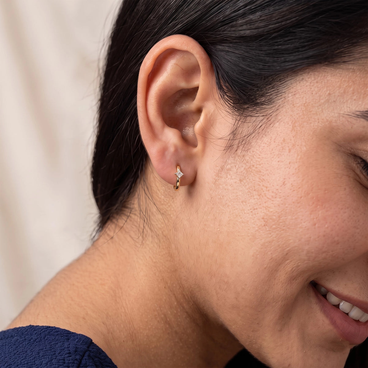 Gold Square Solitaire Hoop Earrings
