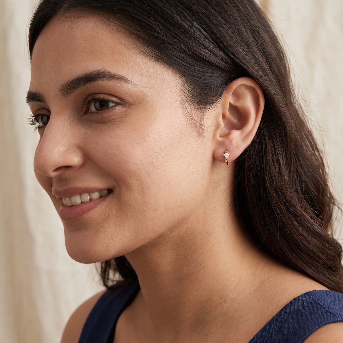 Gold Square Solitaire Hoop Earrings
