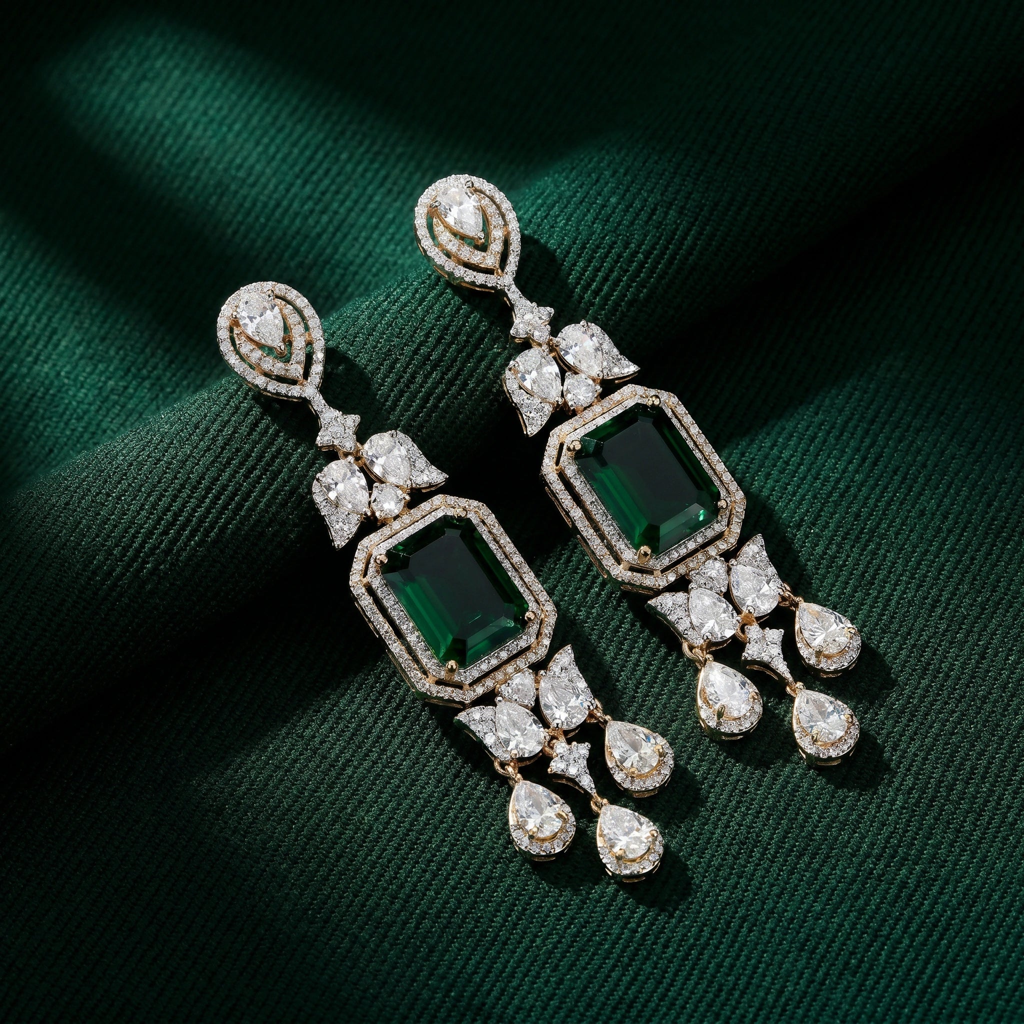 Gold Emerald Halo Chandelier Earrings