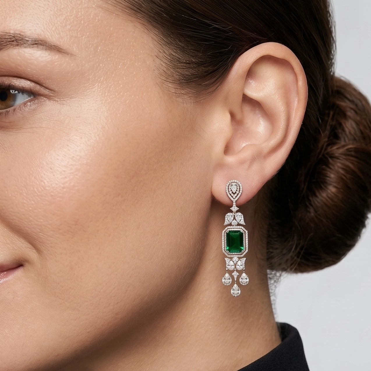 Gold Emerald Halo Chandelier Earrings