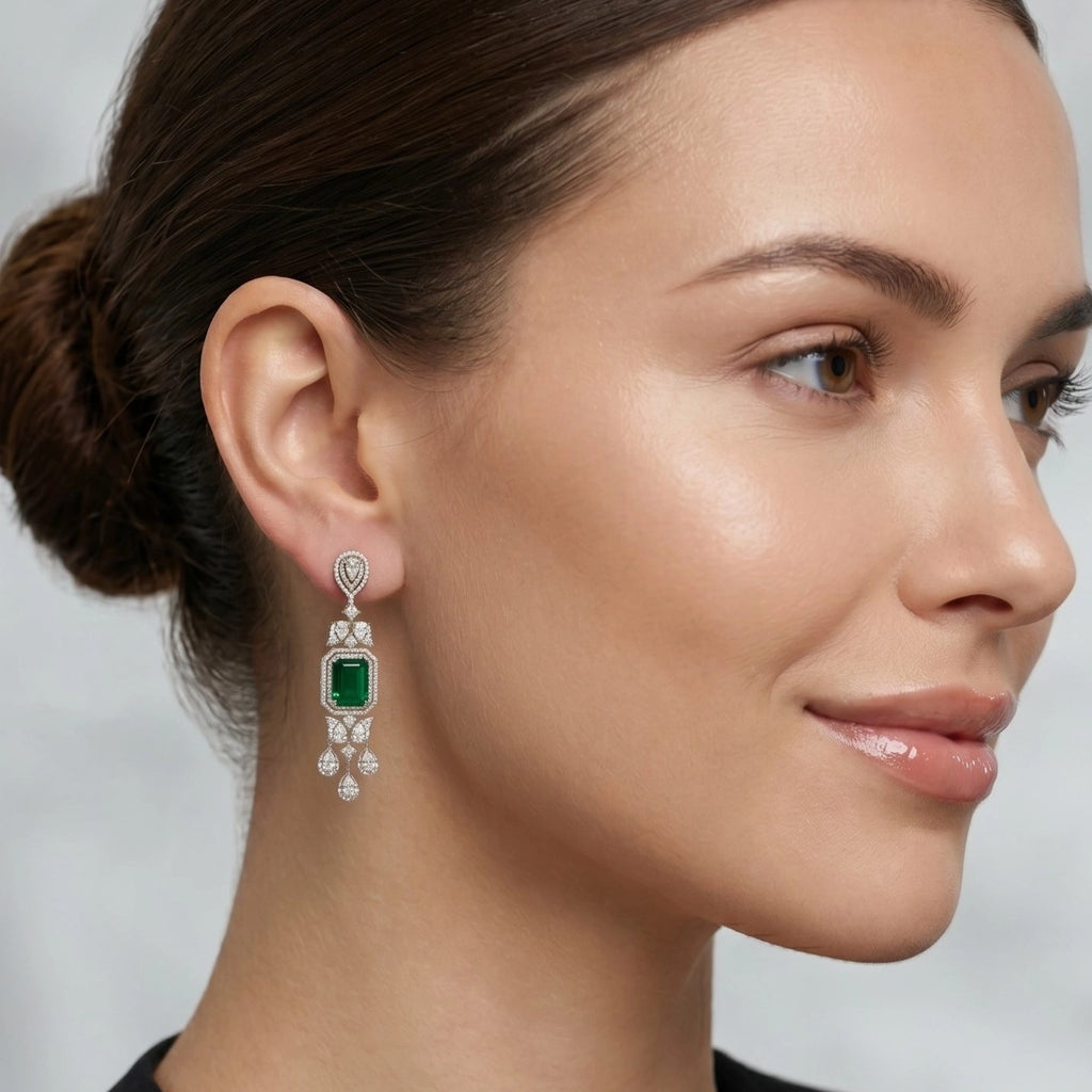 Gold Emerald Halo Chandelier Earrings