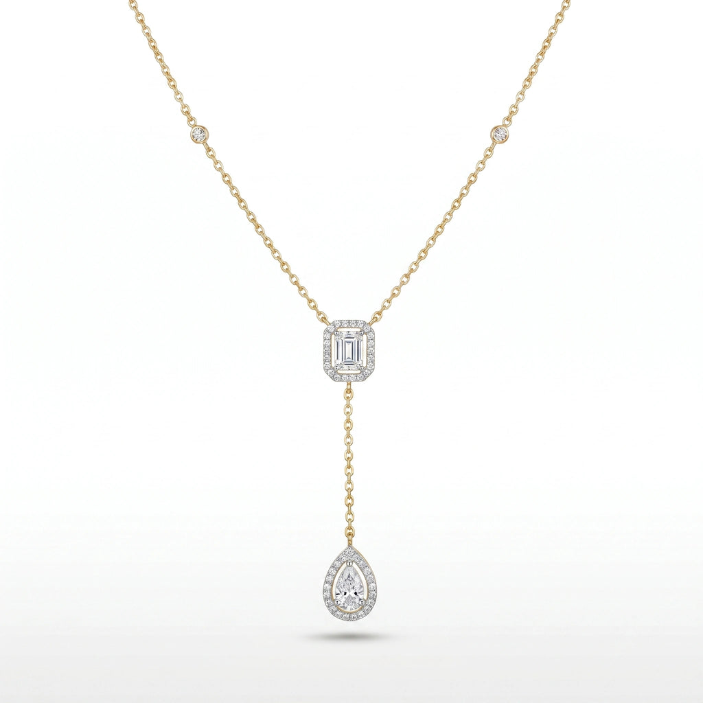 Emerald Drop Halo Y-Necklace in 18KT Gold Plated