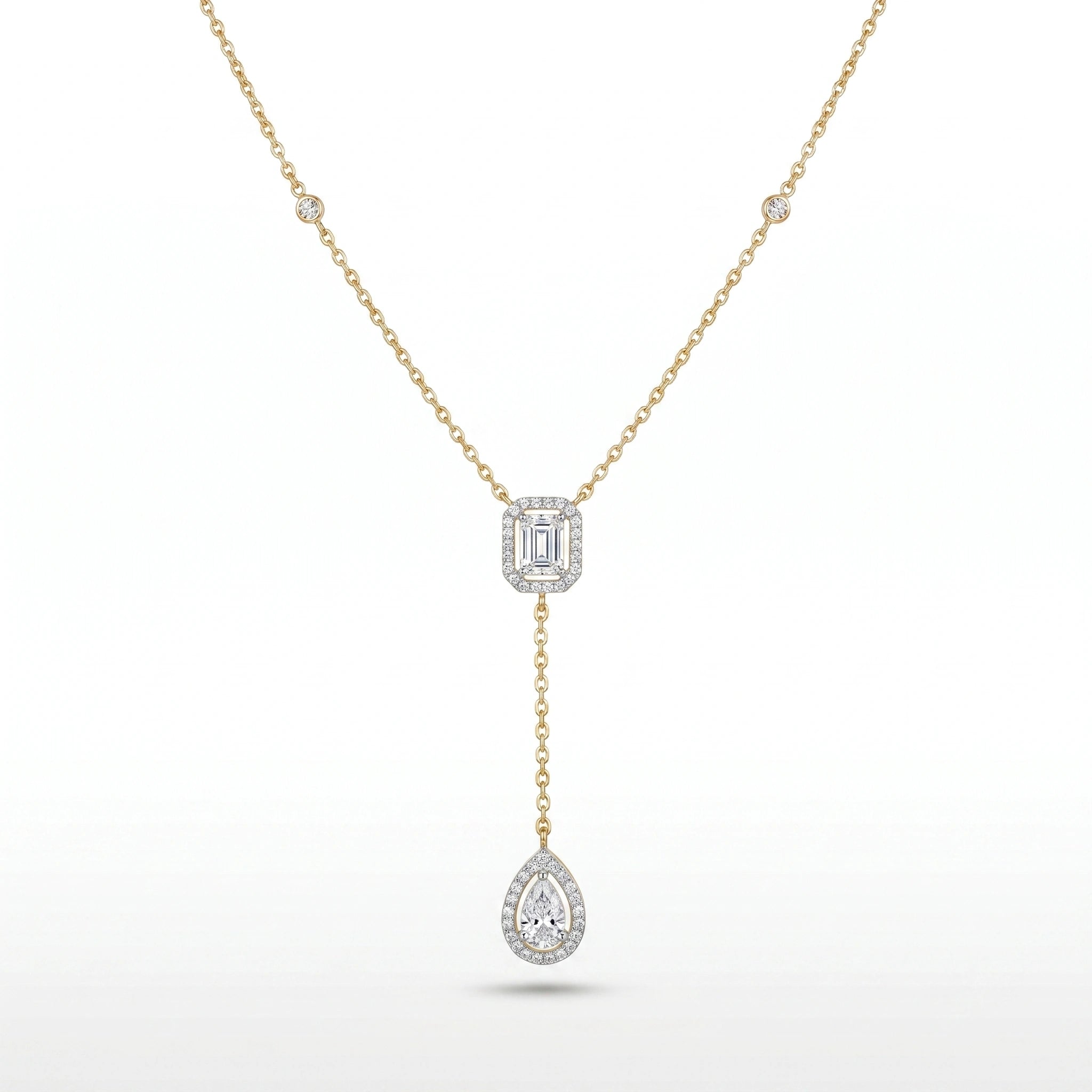 Emerald Drop Halo Y-Necklace in 18KT Gold Plated