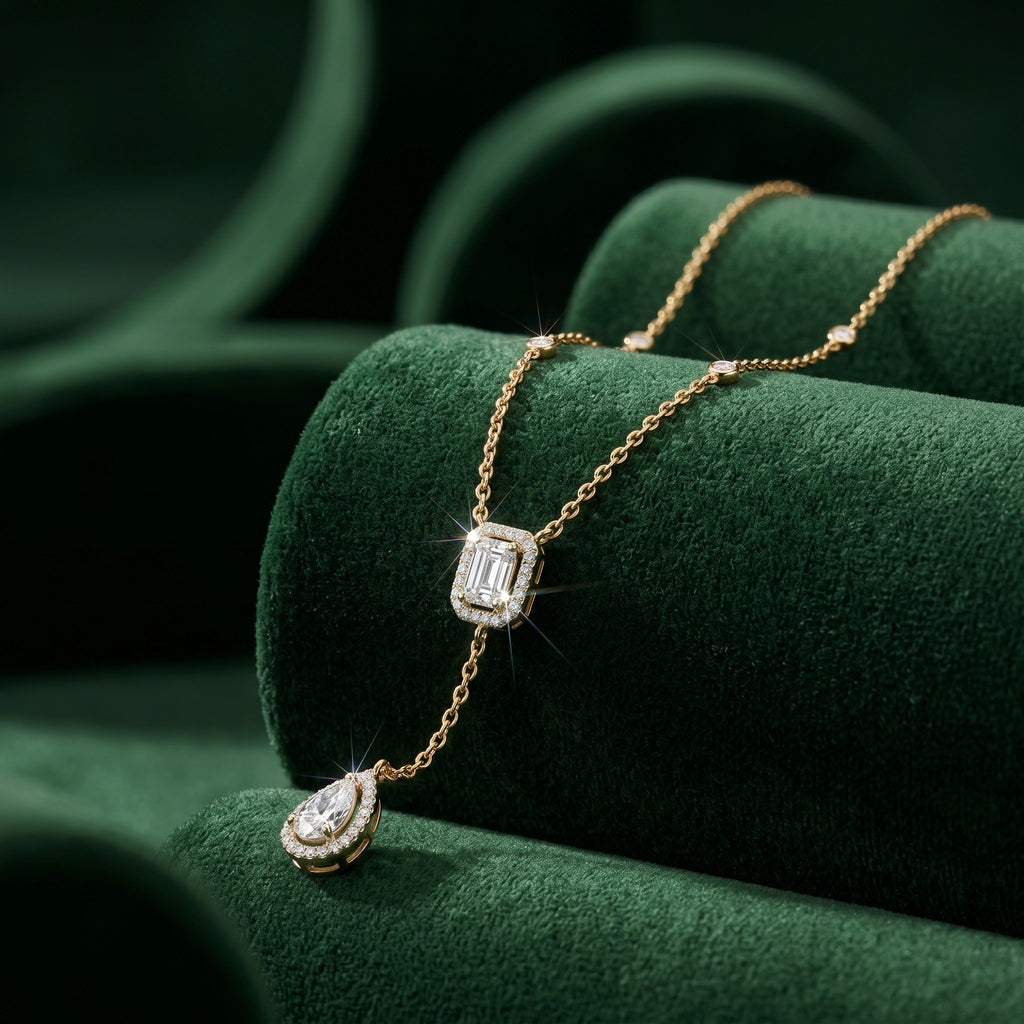 Emerald Drop Halo Y-Necklace in 18KT Gold Plated