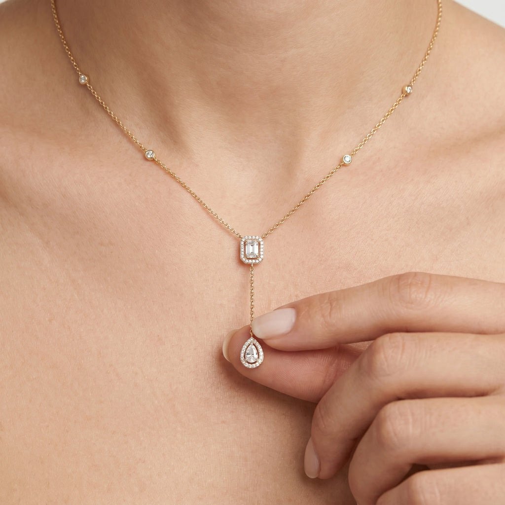 Emerald Drop Halo Y-Necklace in 18KT Gold Plated