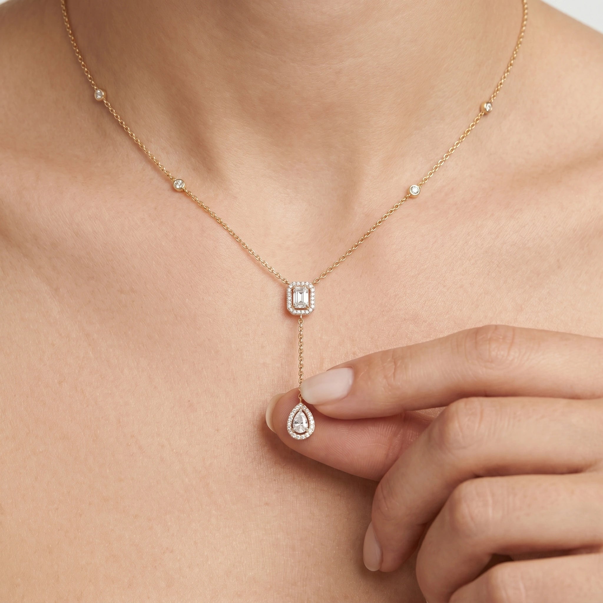 Emerald Drop Halo Y-Necklace in 18KT Gold Plated