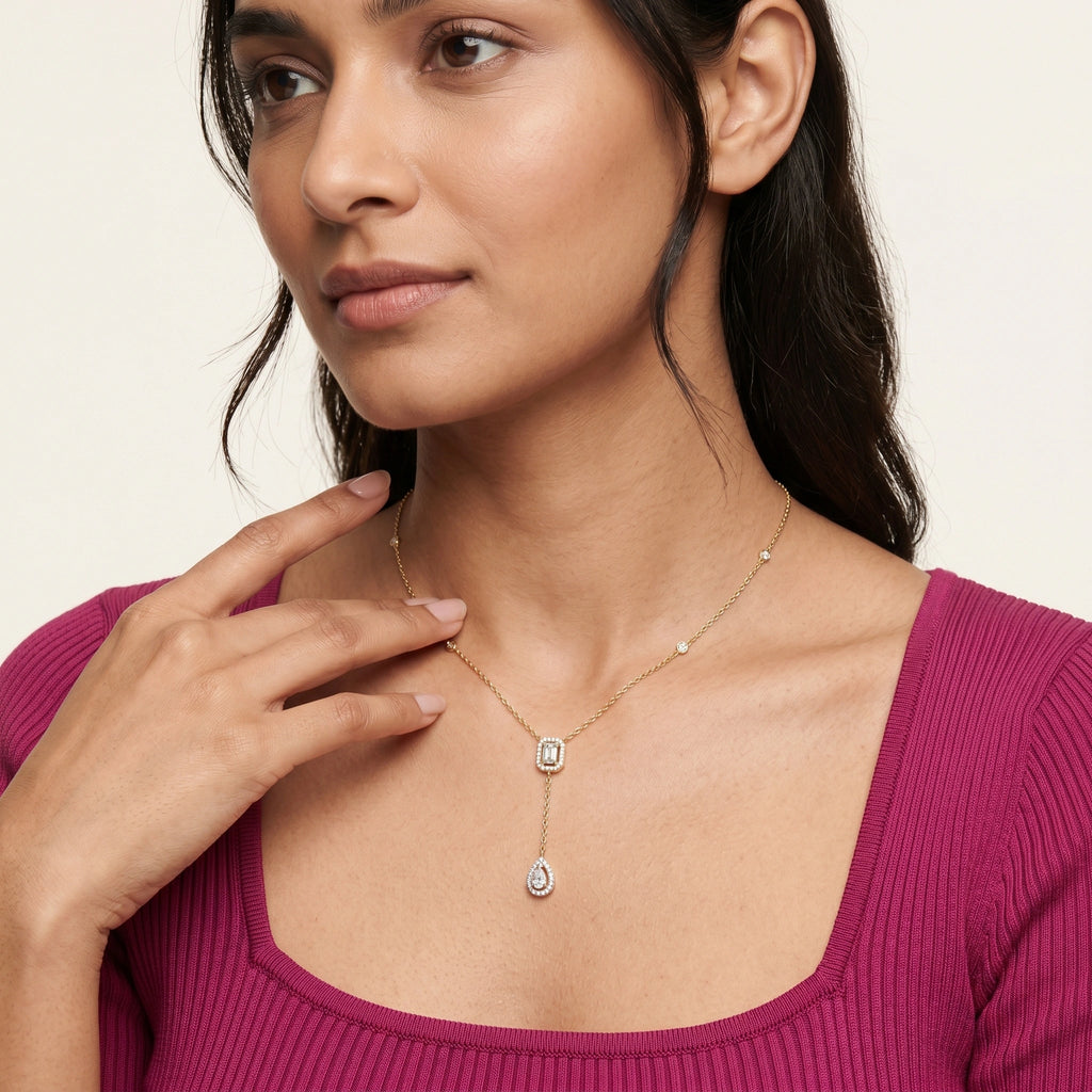 Emerald Drop Halo Y-Necklace in 18KT Gold Plated