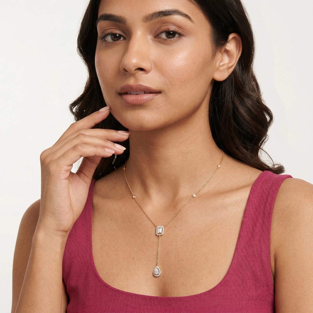 Emerald Drop Halo Y-Necklace in 18KT Gold Plated
