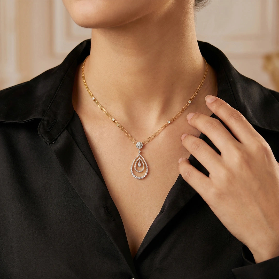 Gold Pear Halo Drop Necklace