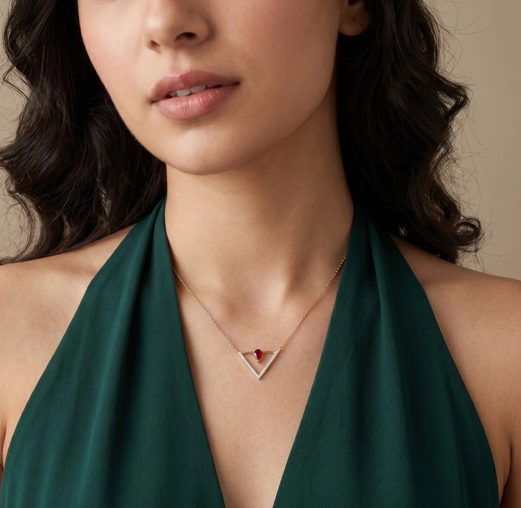 Gold Ruby Triangle Pendant