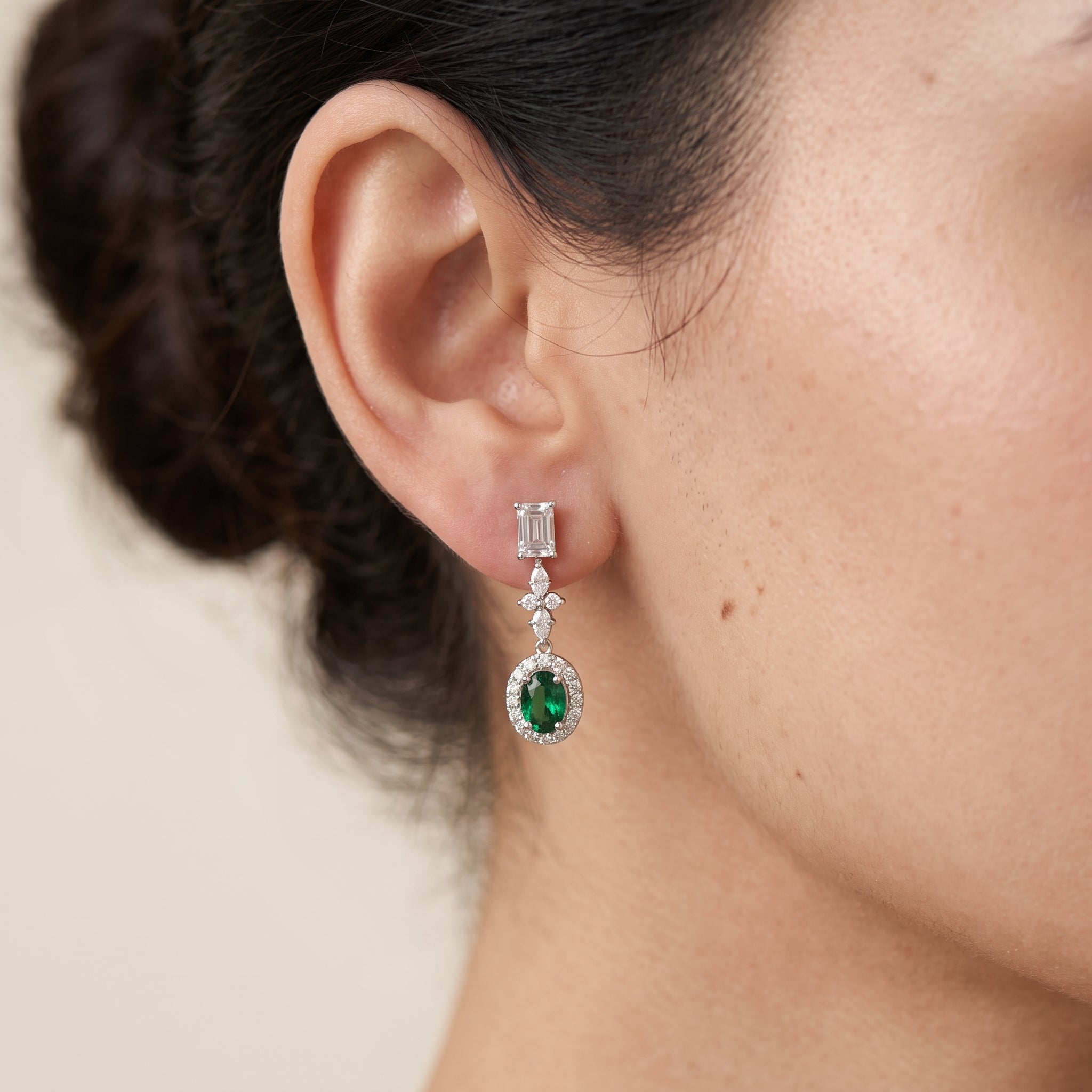 Gold Emerald Halo Drop Earrings
