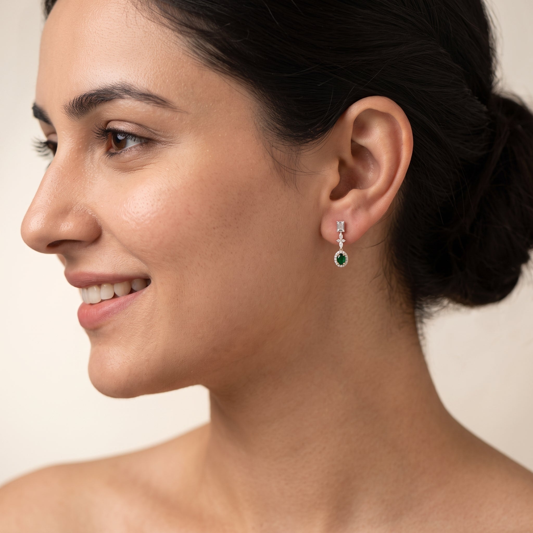 Gold Emerald Halo Drop Earrings
