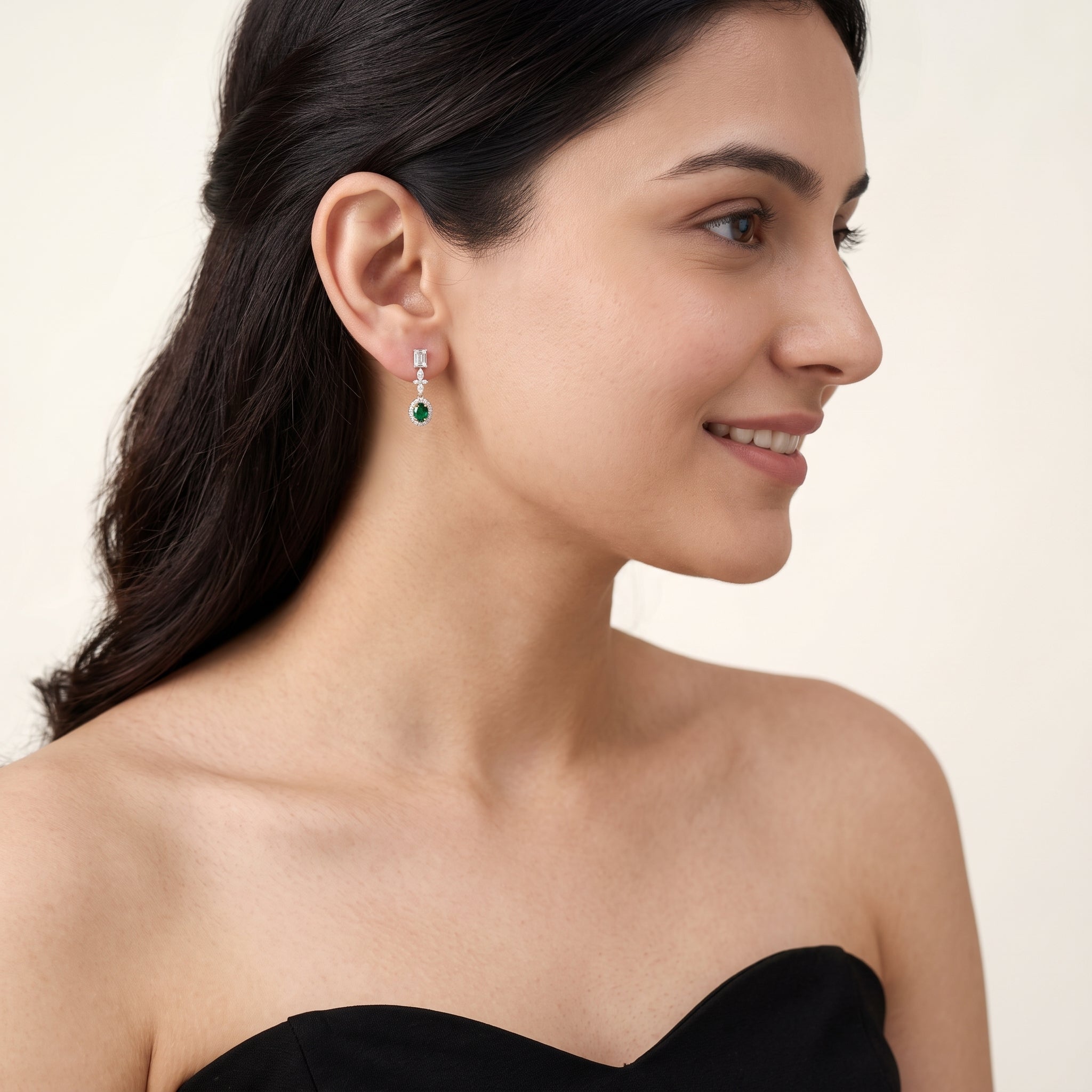 Gold Emerald Halo Drop Earrings
