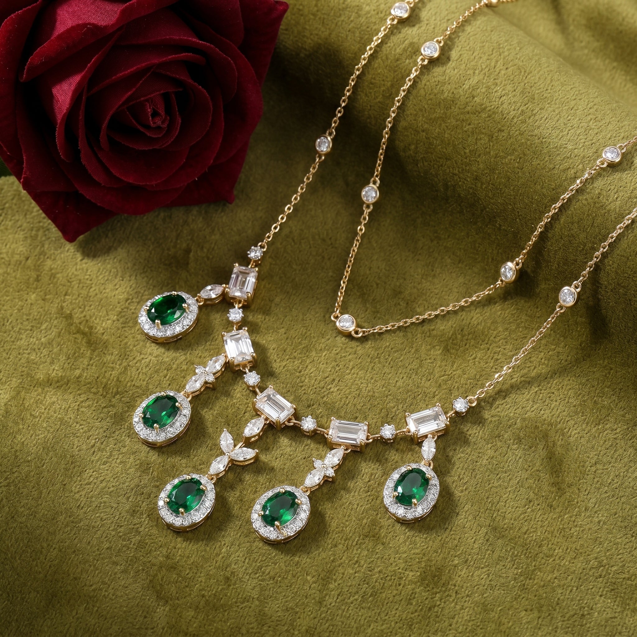 Gold Emerald Cascade Necklace Set