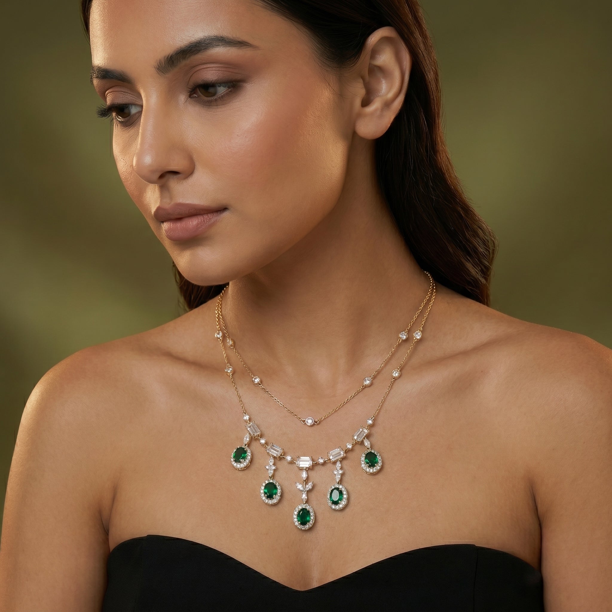 Gold Emerald Cascade Necklace Set