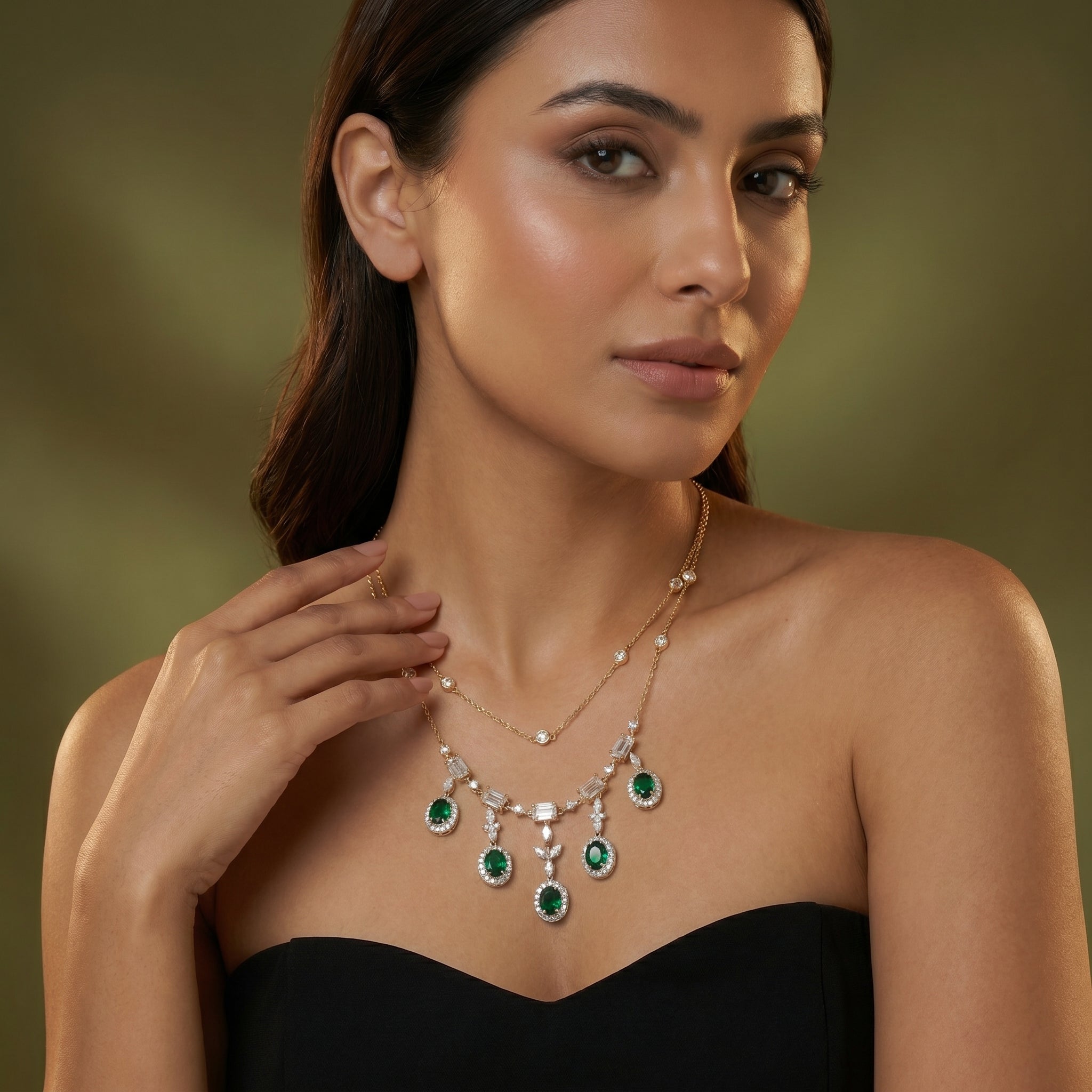 Gold Emerald Cascade Necklace Set