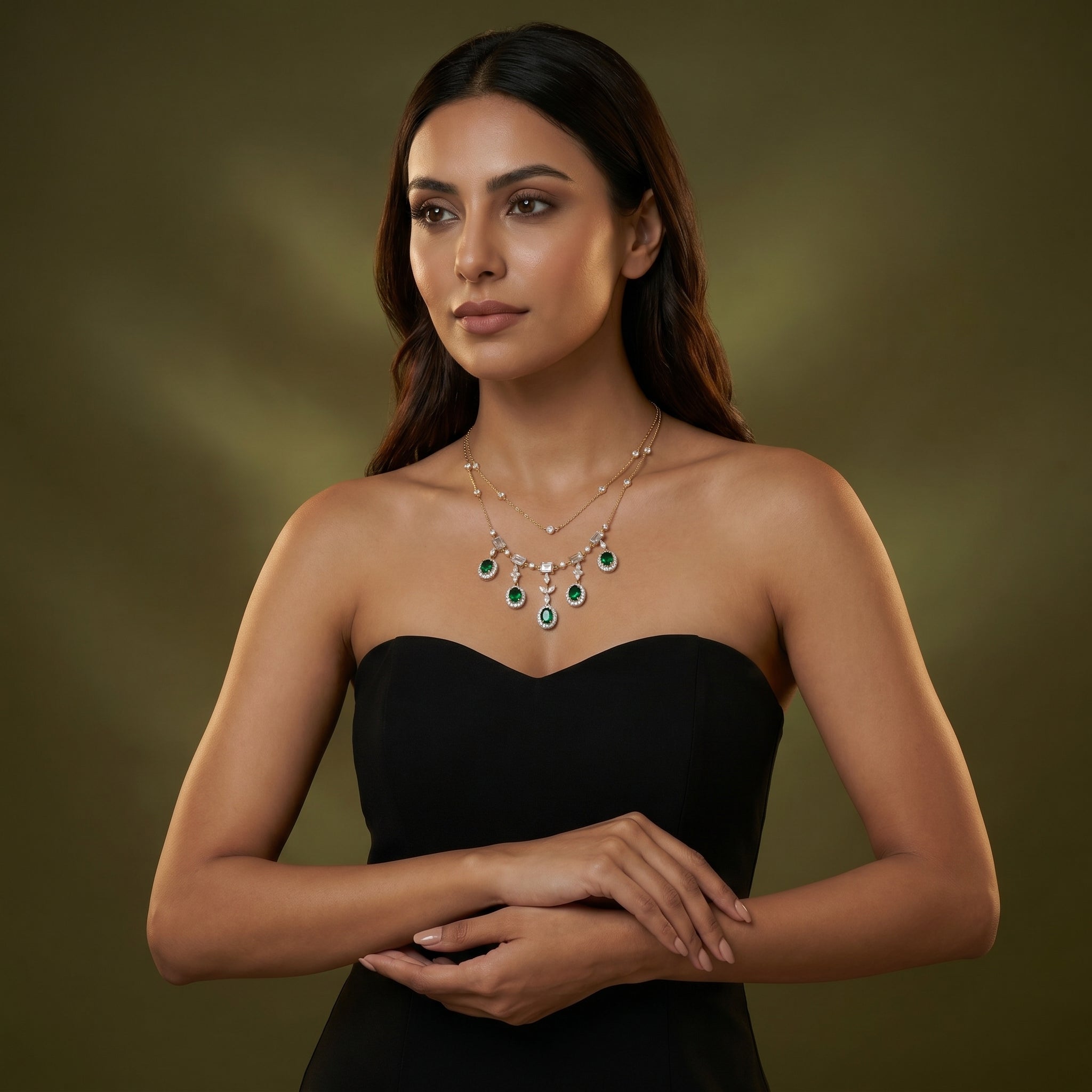Gold Emerald Cascade Necklace Set