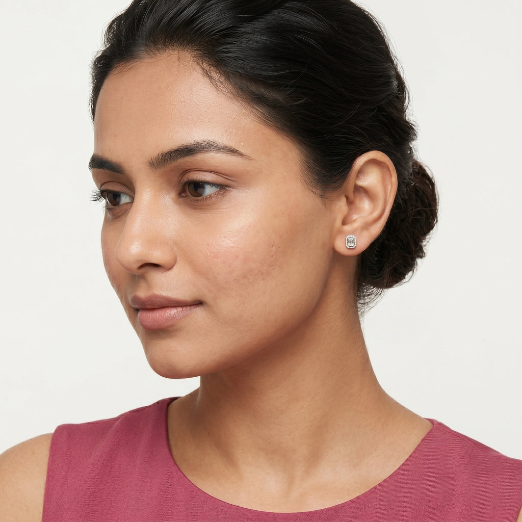 Regal Emerald Halo Stud Earrings 18KT Gold Plated