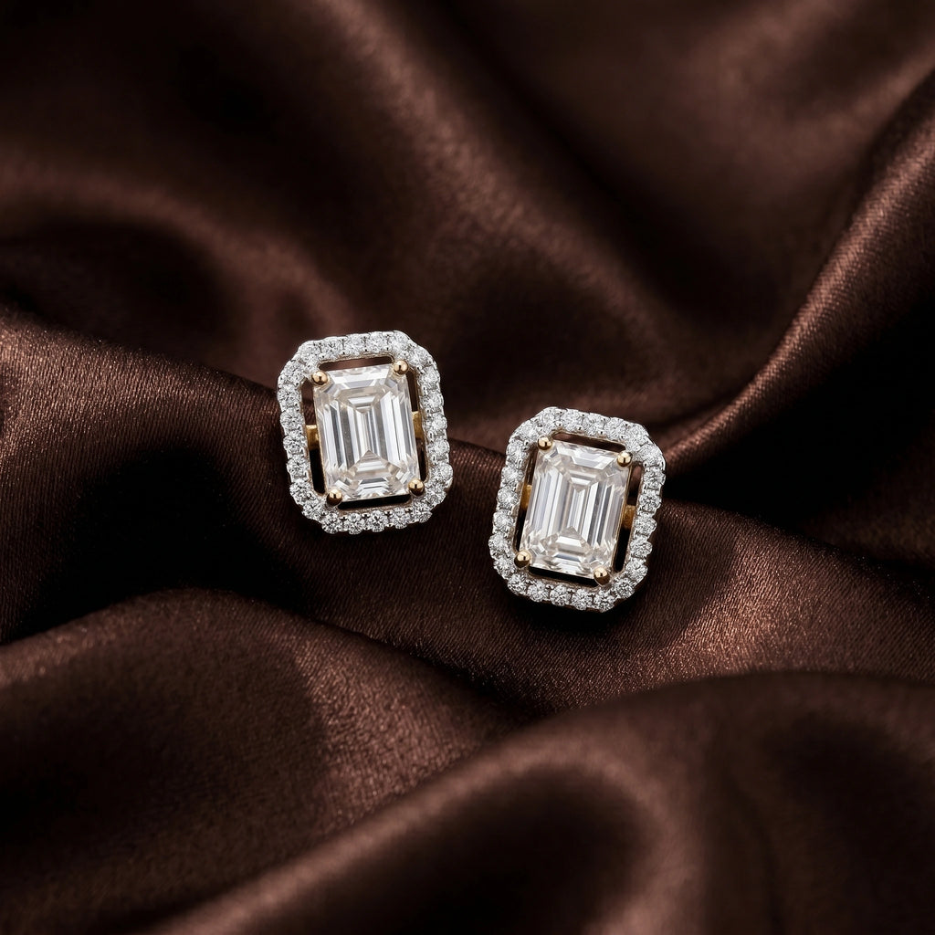 Regal Emerald Halo Stud Earrings 18KT Gold Plated