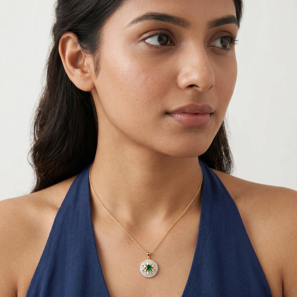 Gold Emerald Sunburst Pendant