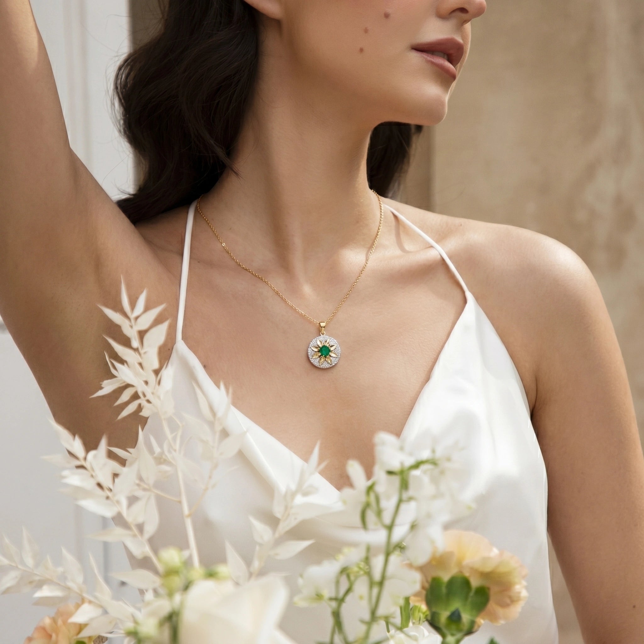 Gold Emerald Sunburst Pendant