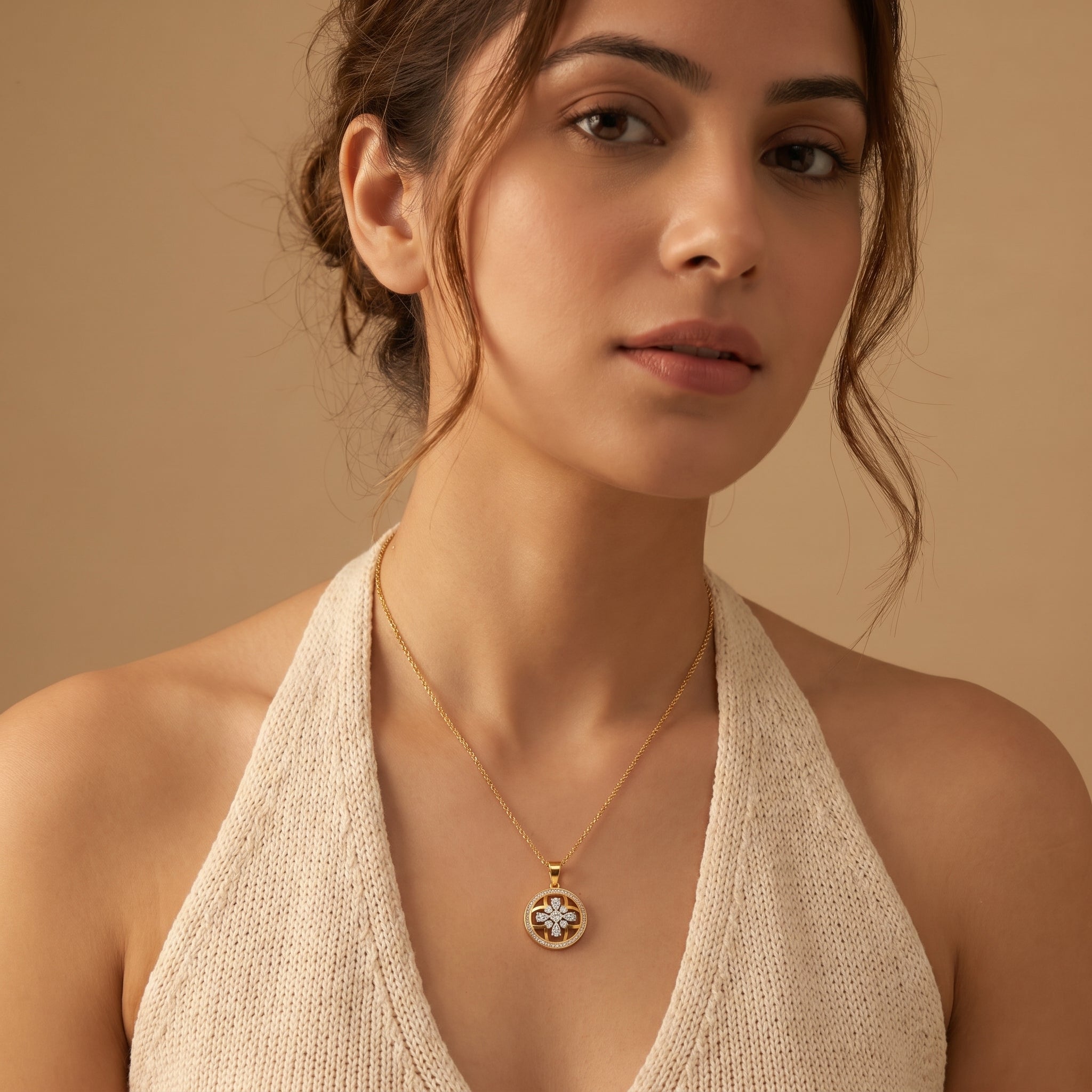 Gold Halo Bloom CZ Medallion Pendant