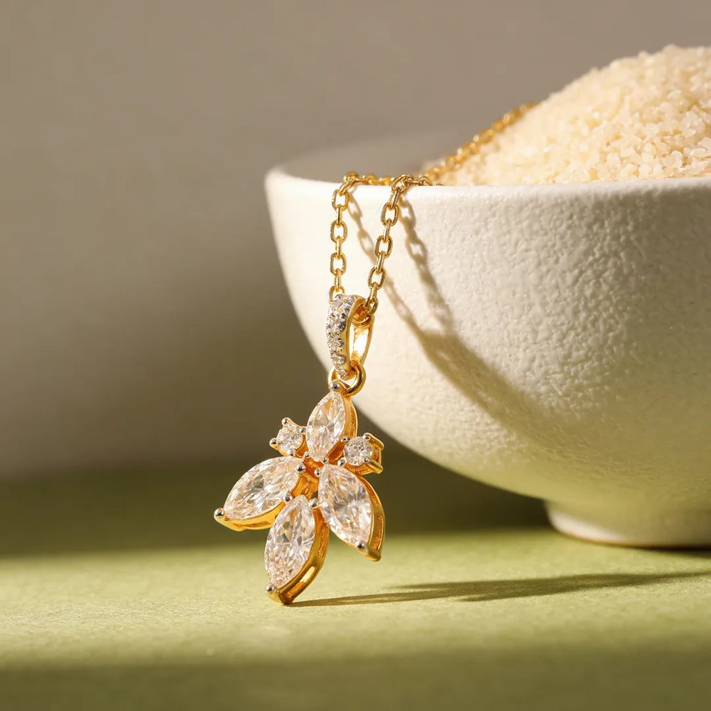 Gold Floral Marquise CZ Drop Pendant