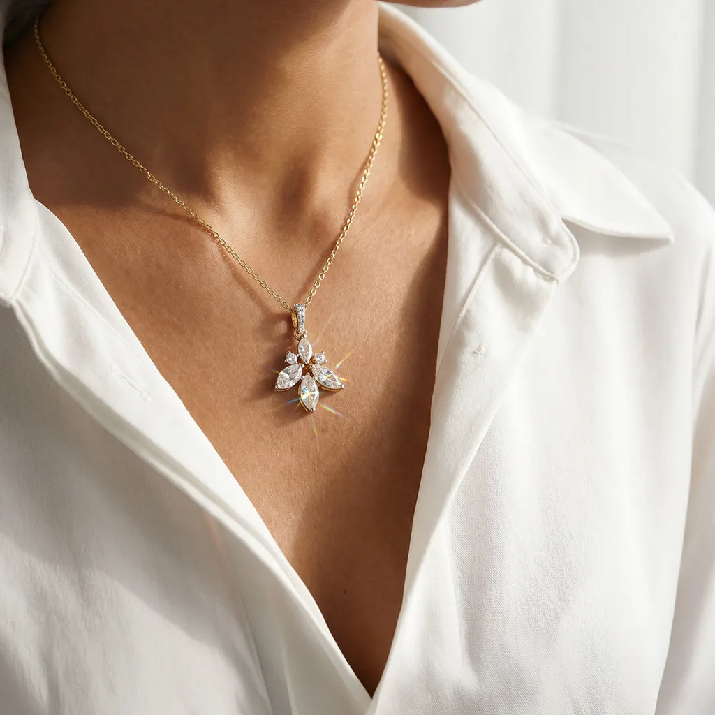 Gold Floral Marquise CZ Drop Pendant