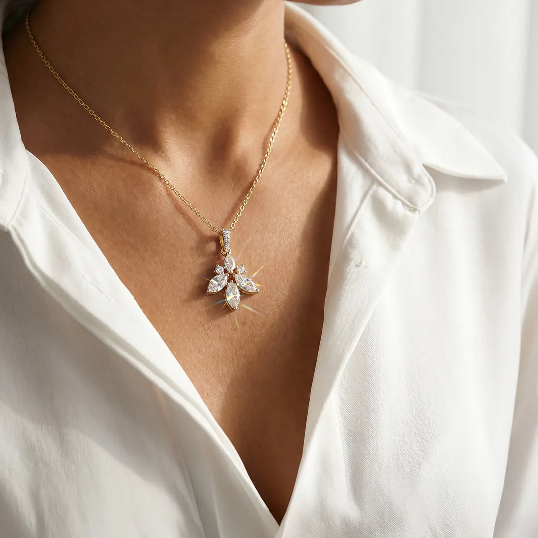 Gold Floral Marquise CZ Drop Pendant