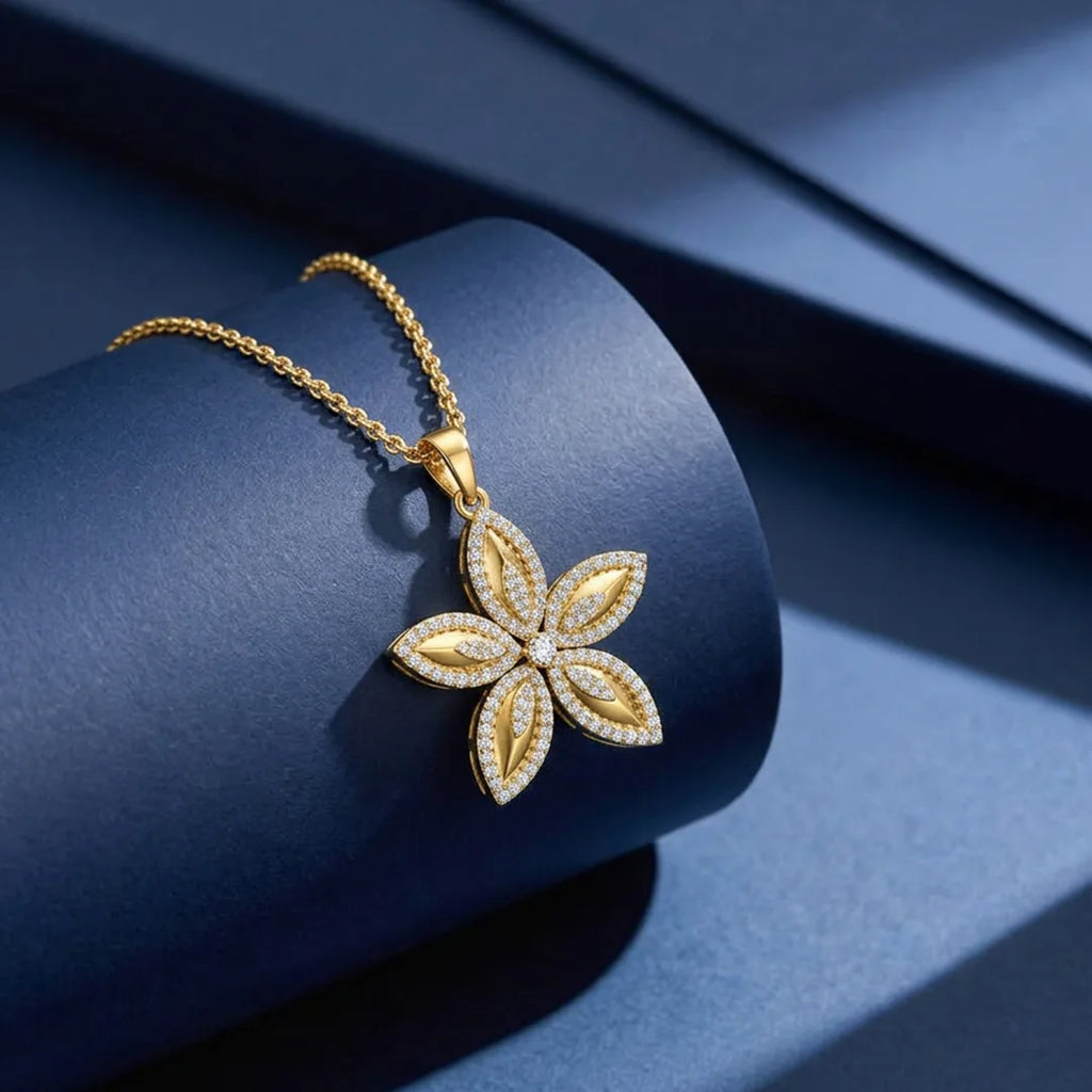 Gold Five Petal CZ Floral Pendant